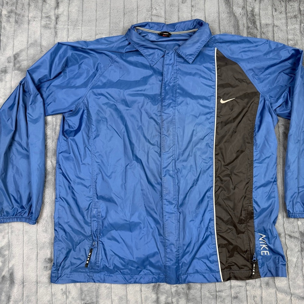 Nike Vintage Mens Blue Black Windbreaker Jacket Full Zip Swoosh Logo XL